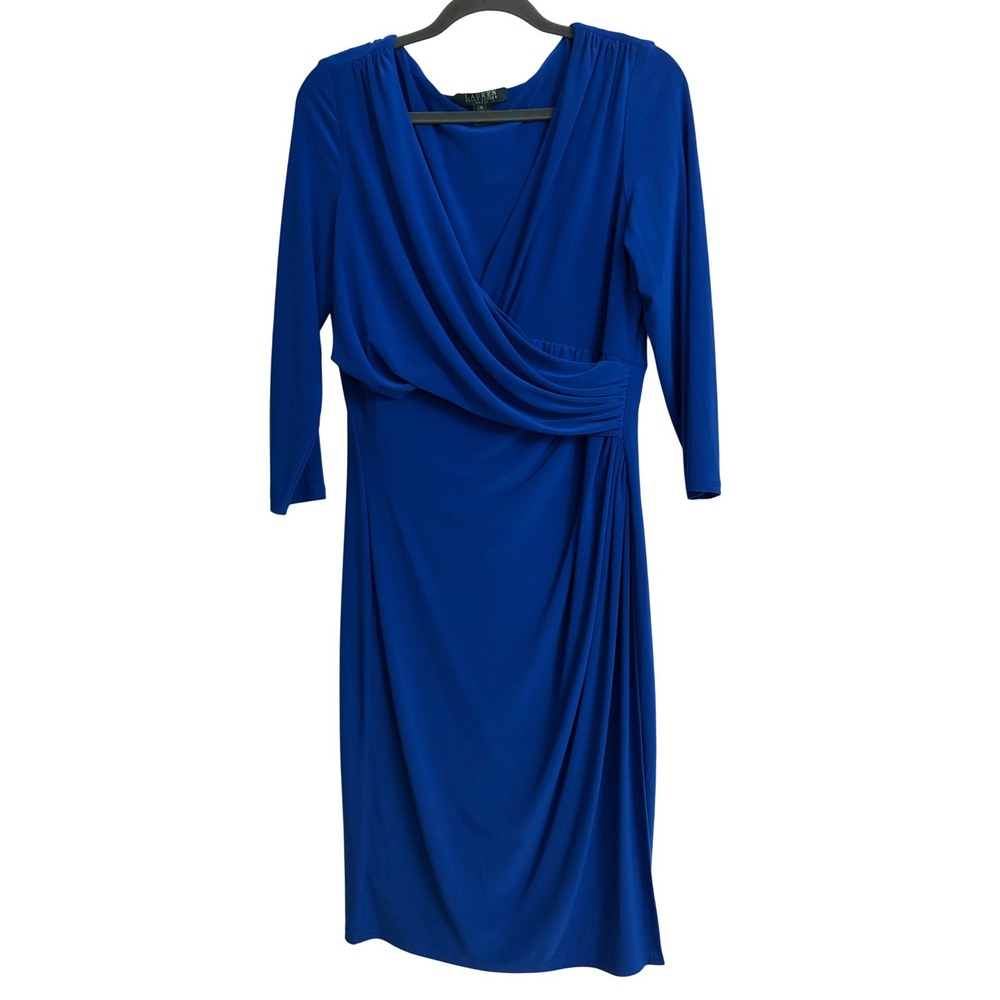 Lauren Ralph Lauren Royal Blue Surplice Draped Sheath Dress Size 14 Cocktail